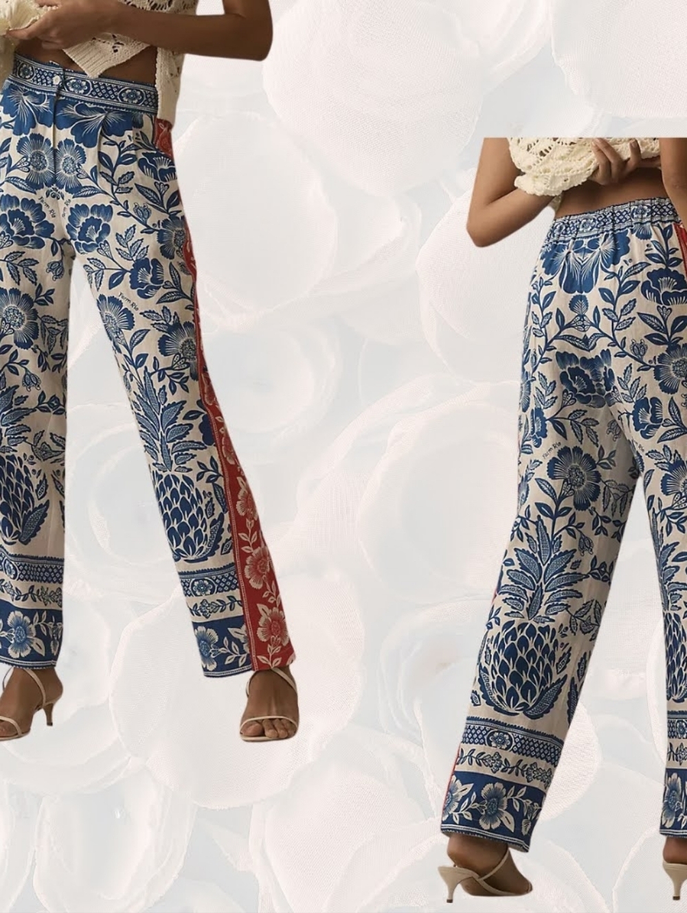 FARM Rio for Anthropologie Blue Floral Pants Red Side Stripe Size S - Picture 6 of 9